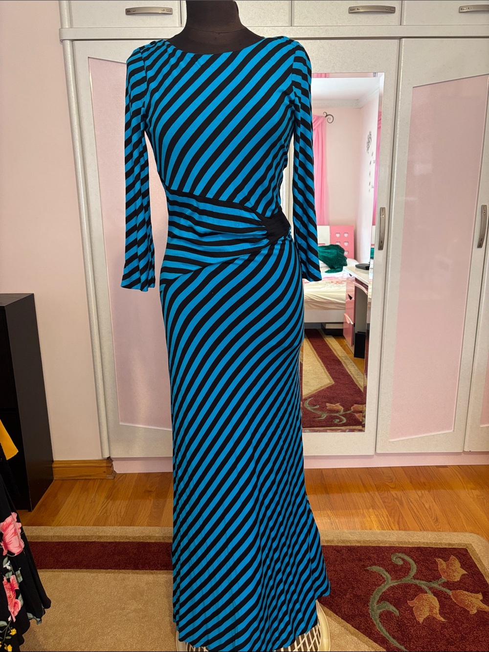 ECI Black and Blue Diagonal Stripe Maxi Dress with Side Twist